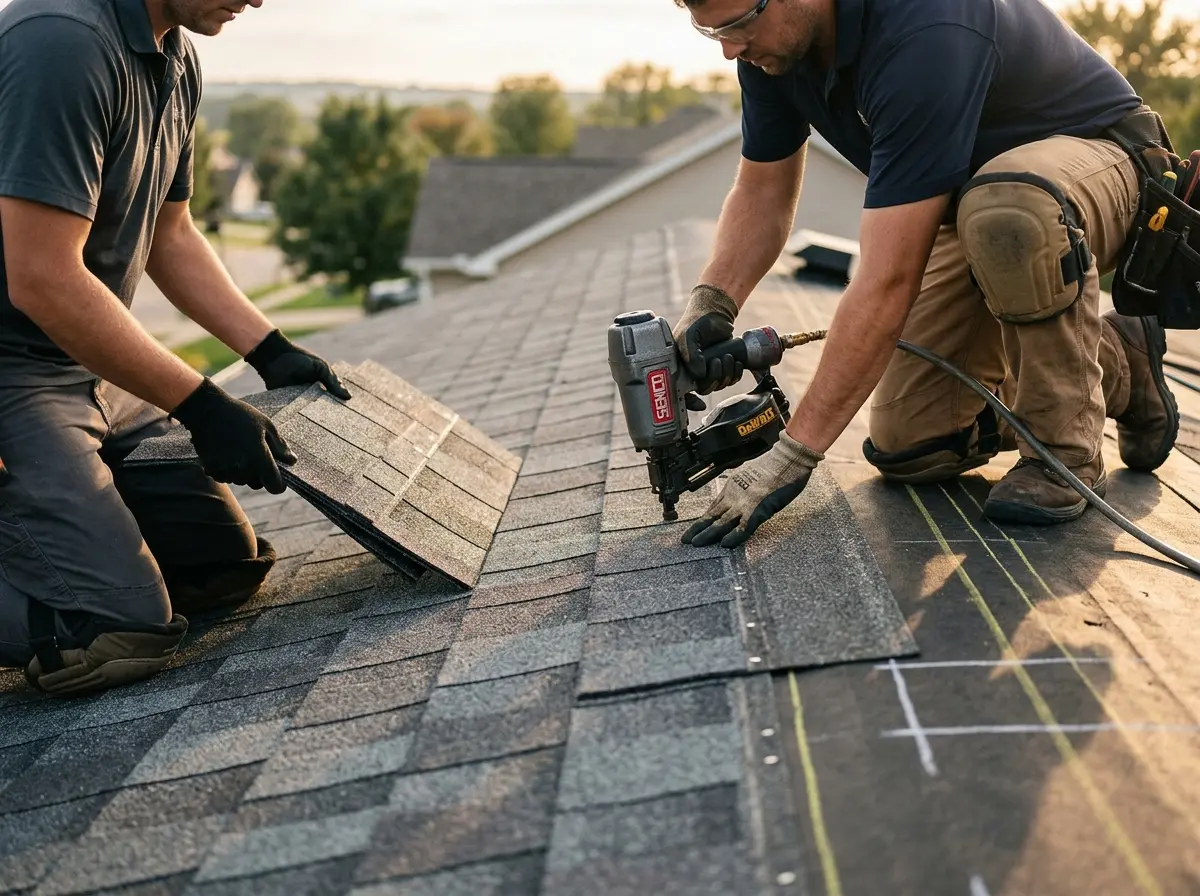 Professional roofer working on a residential roof in University City